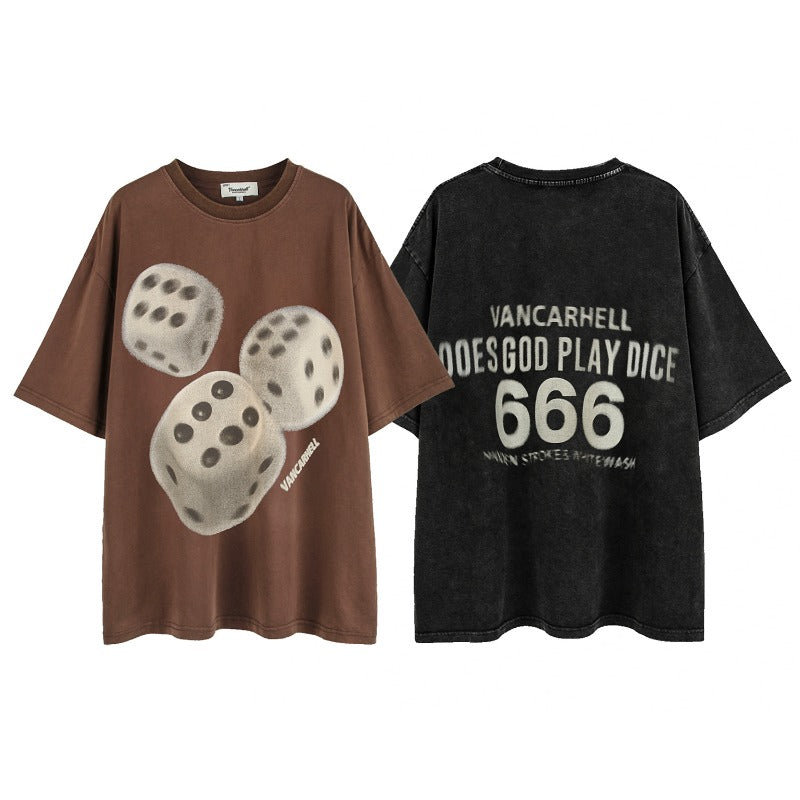 Men t shirt - summer american street trendy brand dice theme washed distressedoversize short-sleeved t-shirt
