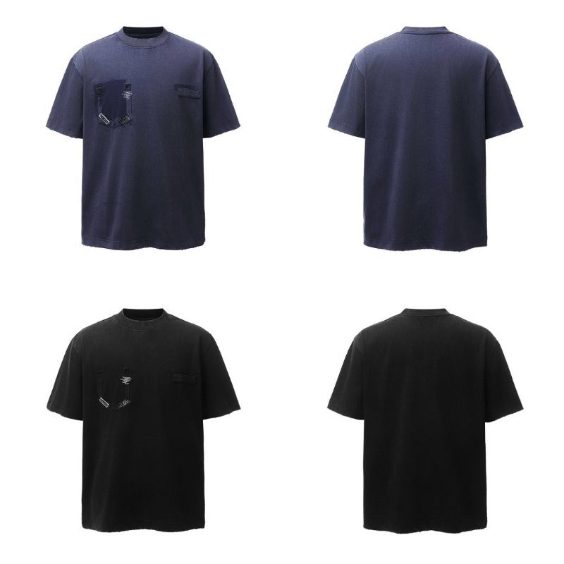 Men's american retro heavyweight double yarn embroidered deconstructed design crew neck high street oversized short sleeve t-shirt