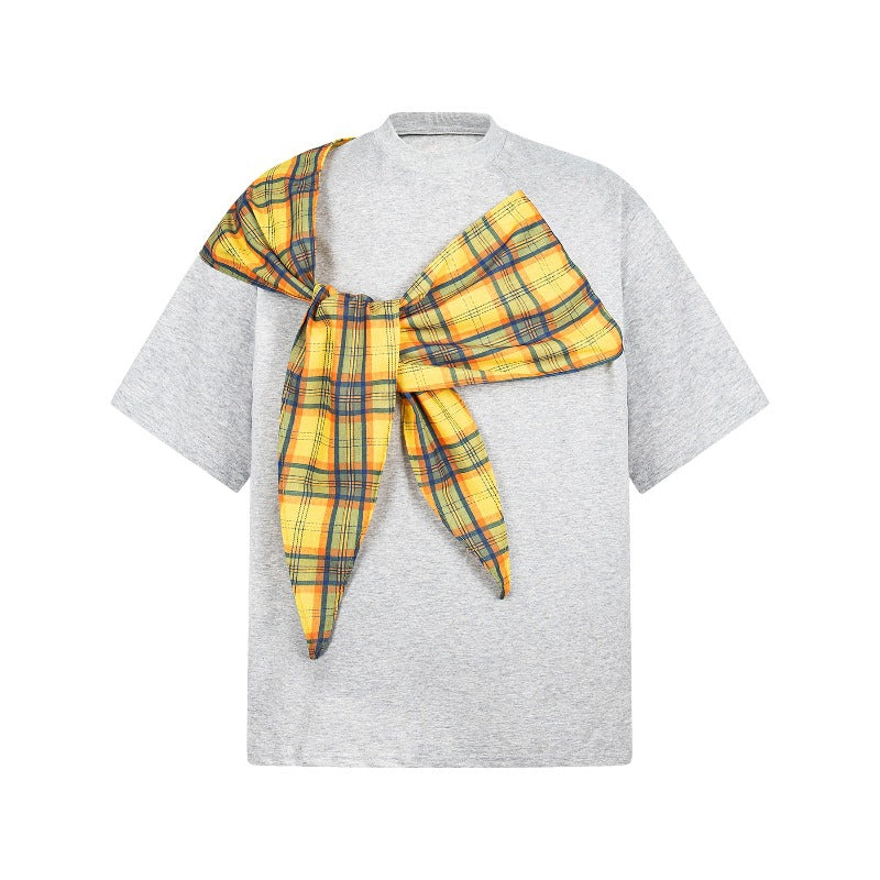 Men's t-shirt: american retro unisex style, double-yarn square scarf accent, short sleeve design, men's loose fit short sleeve t-shirt