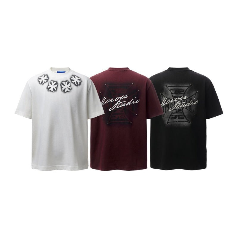 Men's t-shirt - american retro heavyweight double yarn high-quality high street washed distressed printed men's loose fit short sleeve t-shirt