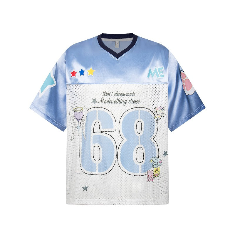Men's t-shirt - american retro unisex patchwork print breathable jersey short sleeve design - men's high street loose fit tee