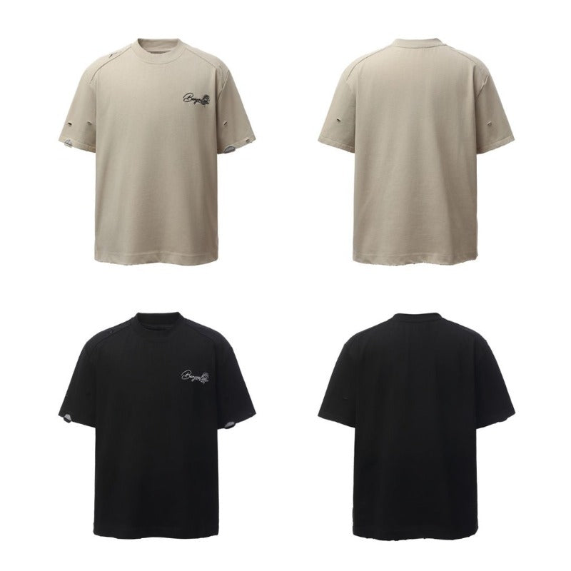 Men's t-shirt - american retro heavyweight double yarn embroidered logo distressed design high street oversized short sleeve tee