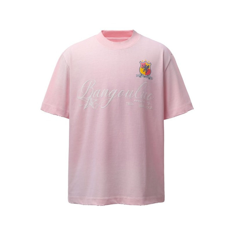 Men's american retro heavyweight double yarn washed printed design crew neck high street loose fit short sleeve t-shirt