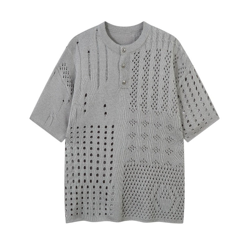 Men's t-shirt: american retro, high-end streetwear, relaxed fit, cutout design, knitted, loose fit, crew neck, short sleeve tee