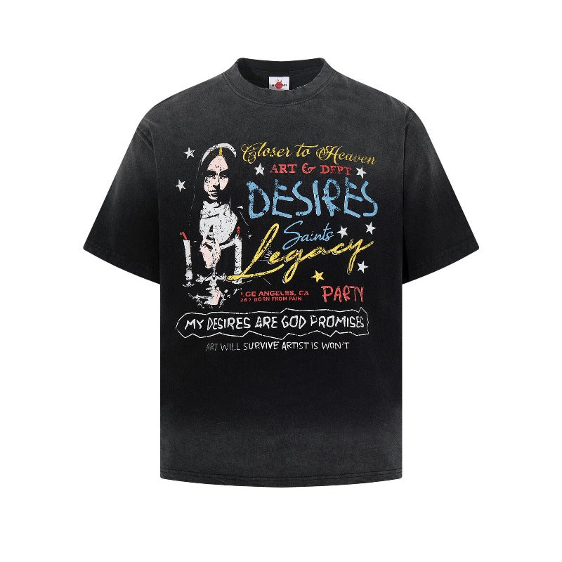 Men's t-shirt - american retro unisex style, washed and distressed print design, crew neck, men's high street slim fit short sleeve tee