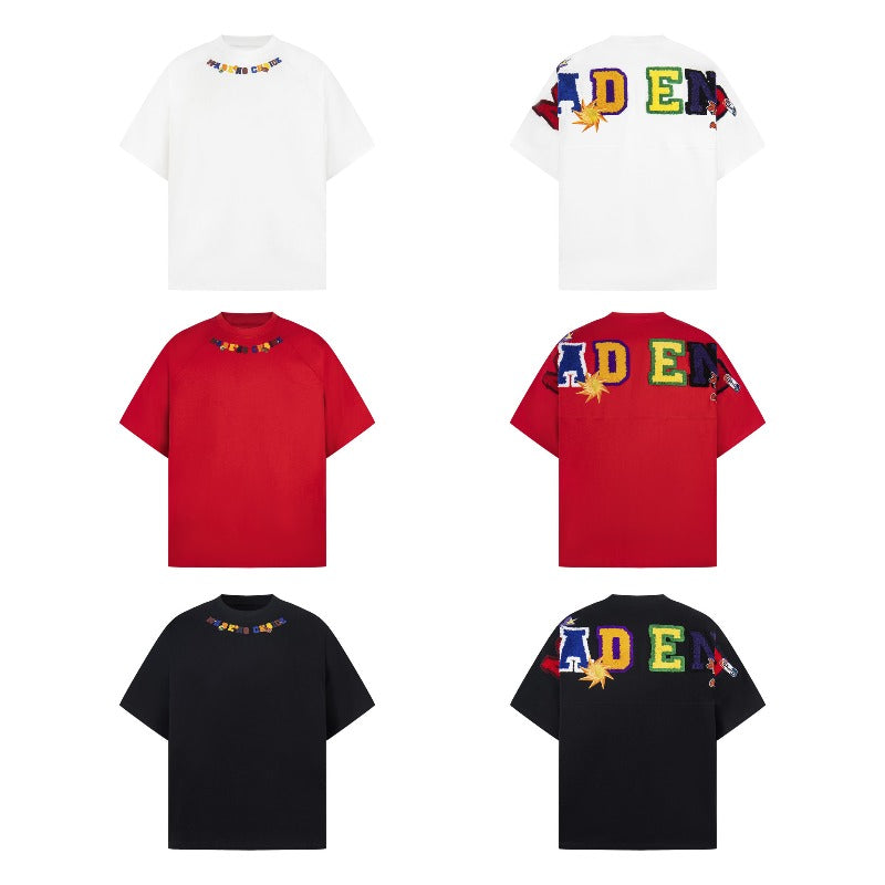 Men t shirt american retrog double yarn neutral style towel embroidered half sleeve design men's high street loose short sleeve t-shirt