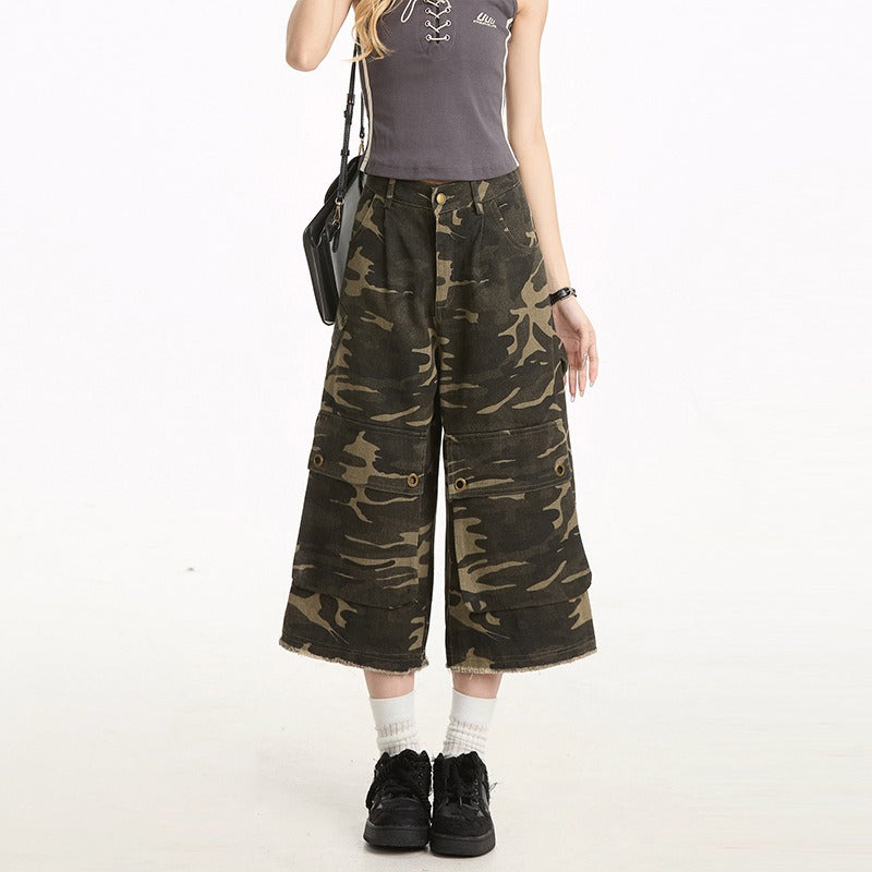Women jeans retro camouflage loose cropped pants