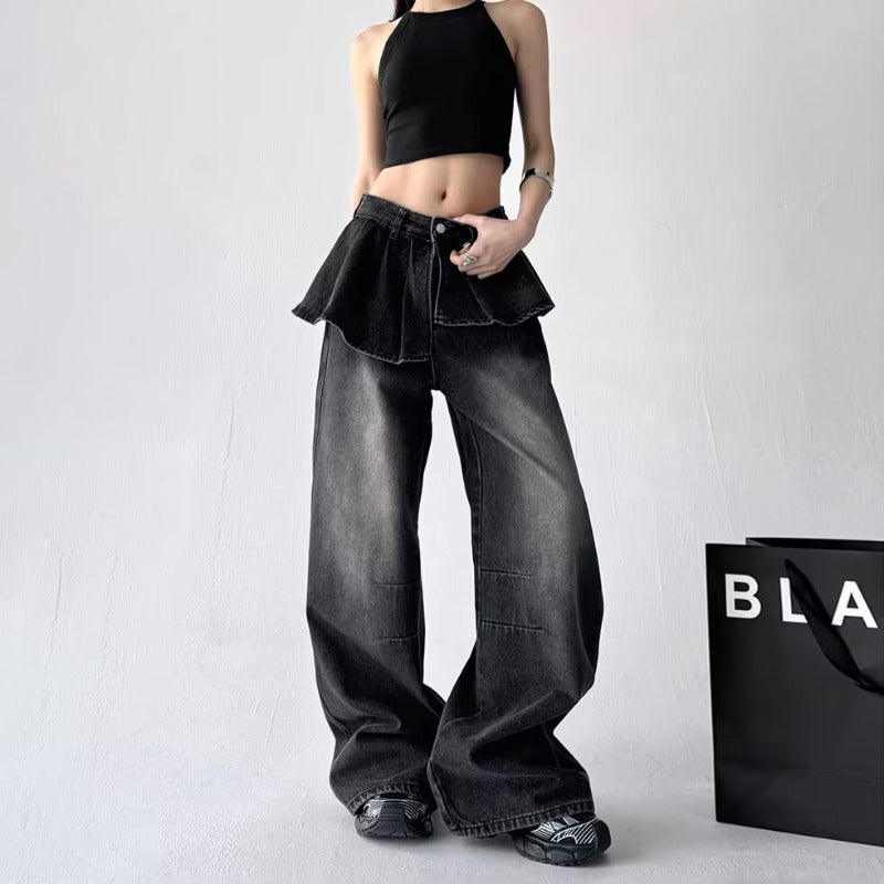 Women's jeans retro fake two-piece jeans for women