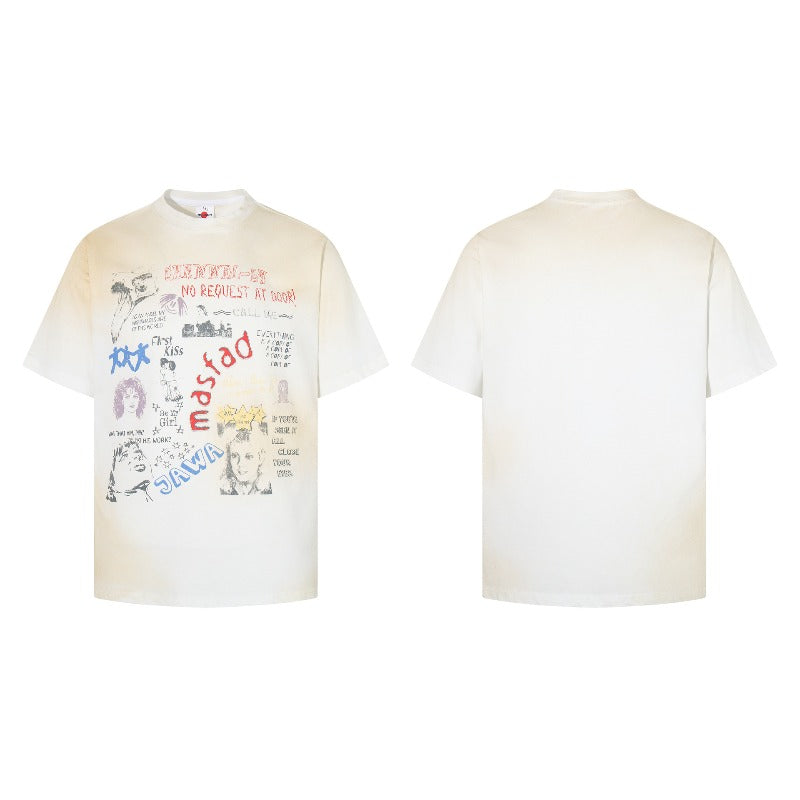 Men's t-shirt - american retro unisex washed spray-dye print design crew neck high street slim fit short sleeve tee