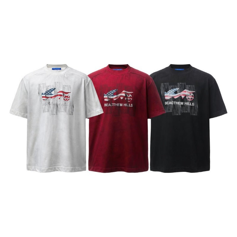 Men's t-shirt - american retro heavyweight double yarn high-quality high street distressed print graphic tee - relaxed fit short sleeve