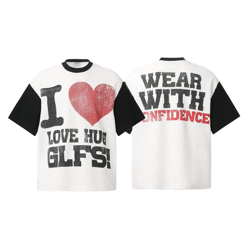 Men t shirt t american retrocouple street trendy waffle grid heart printing design high street men's loose small round neck t-shirt
