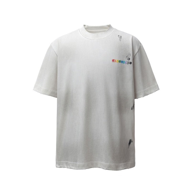 Men's t-shirt: american retro heavyweight double yarn garment-dyed crew neck logo design, high street style, relaxed fit short sleeve tee