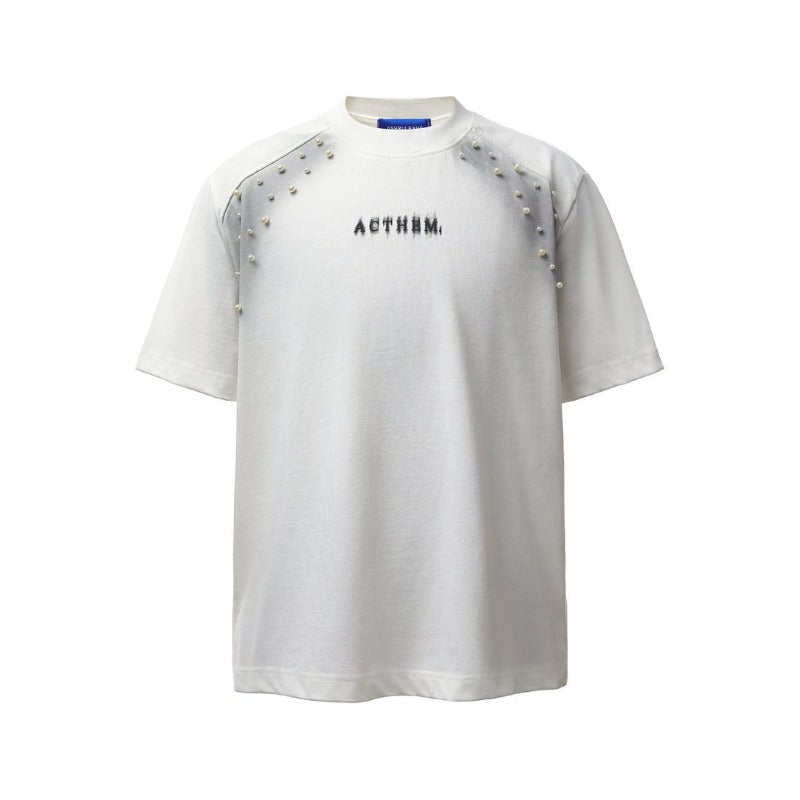 Men's t-shirt: american retro heavyweight double yarn high-quality high-street spray paint beaded design loose fit short sleeve tee