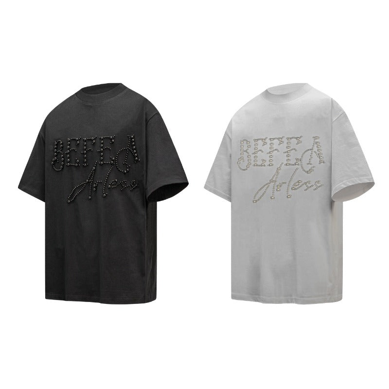 Men's t-shirt: american street style summer beaded graphic design, oversized premium heavyweight short sleeve tee