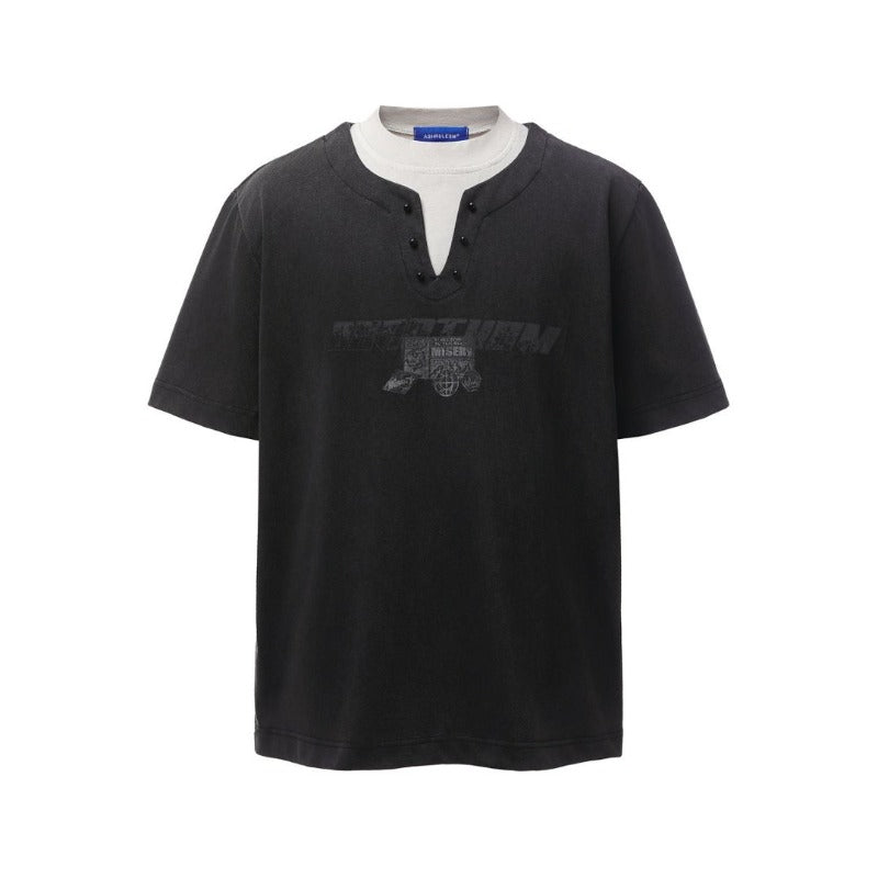 Men t shirt american retroheavy weightg double yarn high quality street trendy patchwork color matching high street men's loose short-sleeved t-shirt