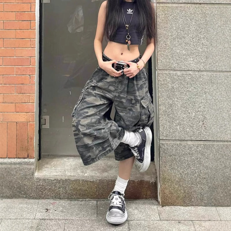 Women's jeans retro camouflage women's summer high-waisted loose cropped pants