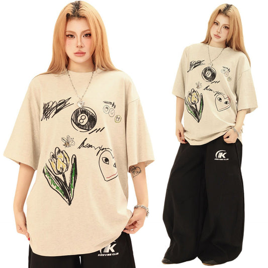 Unisex T-shirts Street Vintage Creative Painting Men's Loose Short Sleeve T-Shirt