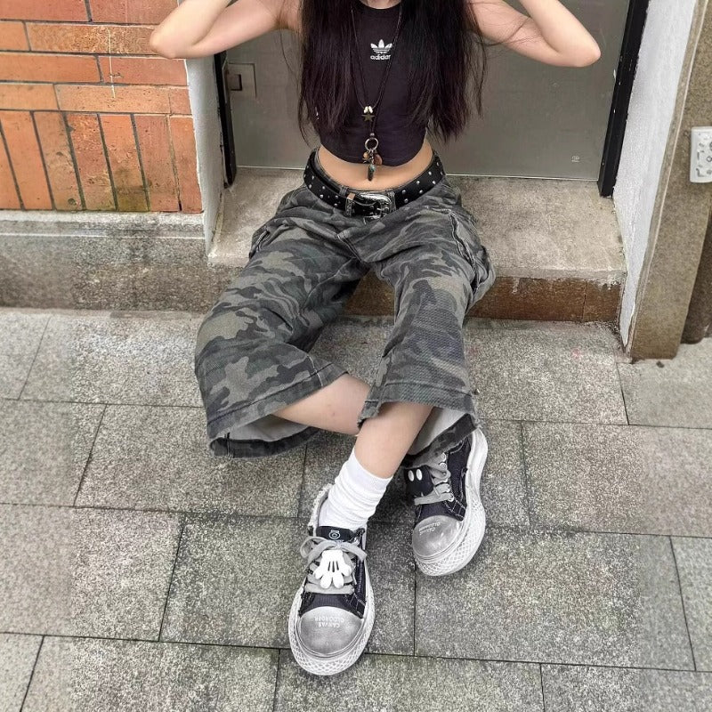 Women's jeans retro camouflage women's summer high-waisted loose cropped pants
