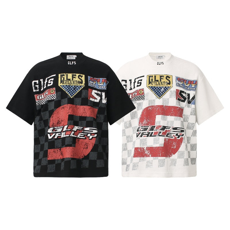 Men t shirt t american retrocouple street trendy waffle grids fabric jersey design high street men's loose round neck t-shirt