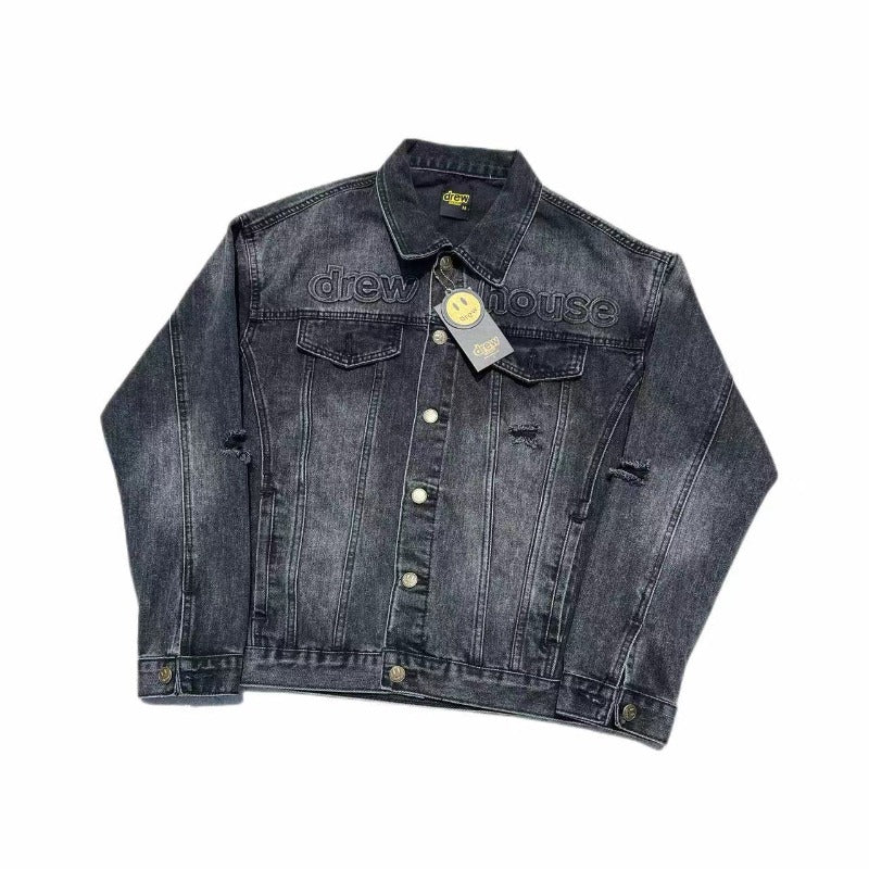 Drew house jacket early spring d@ew washed knife-cut damaged stamped smiley face denim outwear