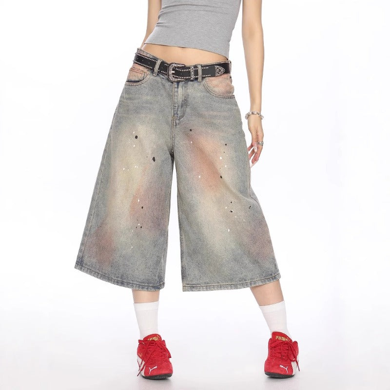 Women's jeans women's summer loose semi-elastic waist cropped shorts