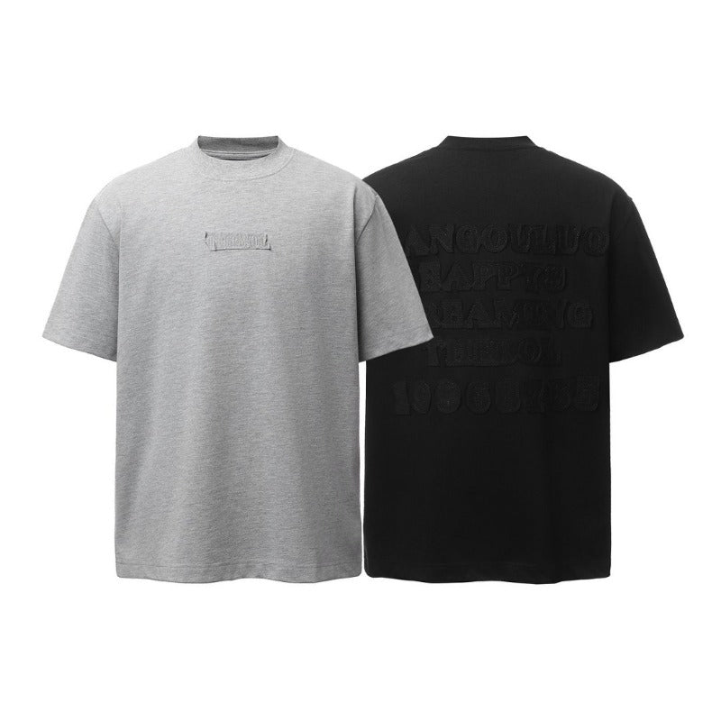 Men's t-shirt - american retro heavyweight double yarn letter patch embroidery design - men's high street oversized short sleeve tee