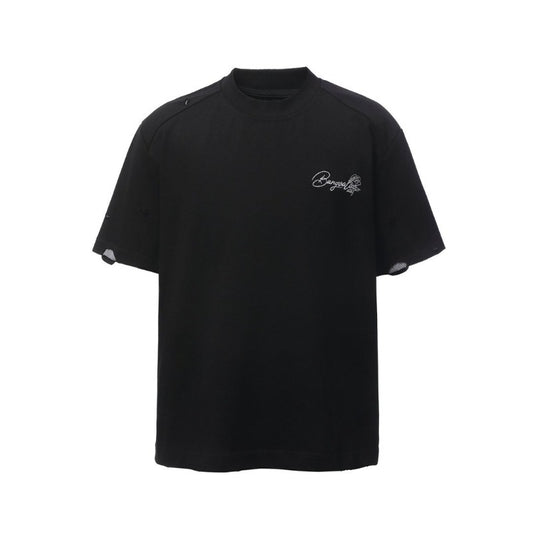 Men's t-shirt - american retro heavyweight double yarn embroidered logo distressed design high street oversized short sleeve tee