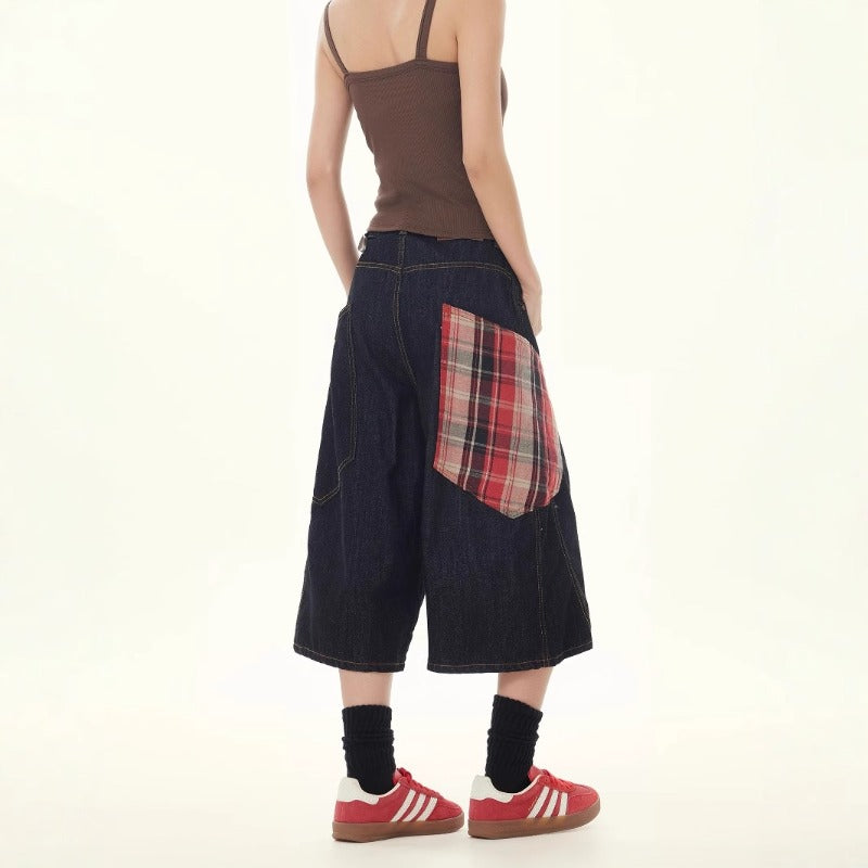 Women's jeans retro plaid stitching seven-point jeans women's loose