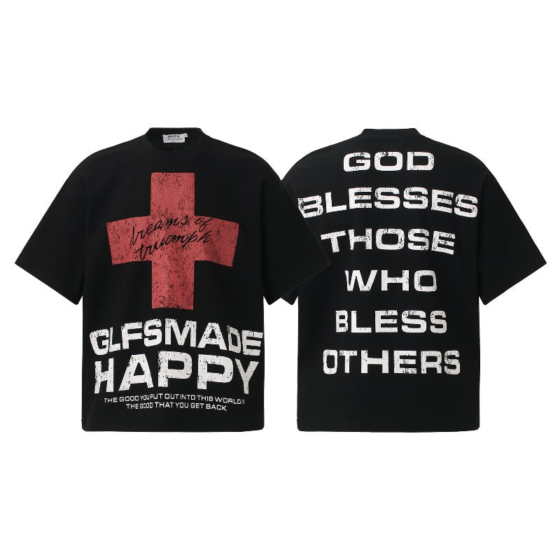 Men t shirt t american retrocouple street trendy waffle grids cross design high street men's loose round neck t-shirt