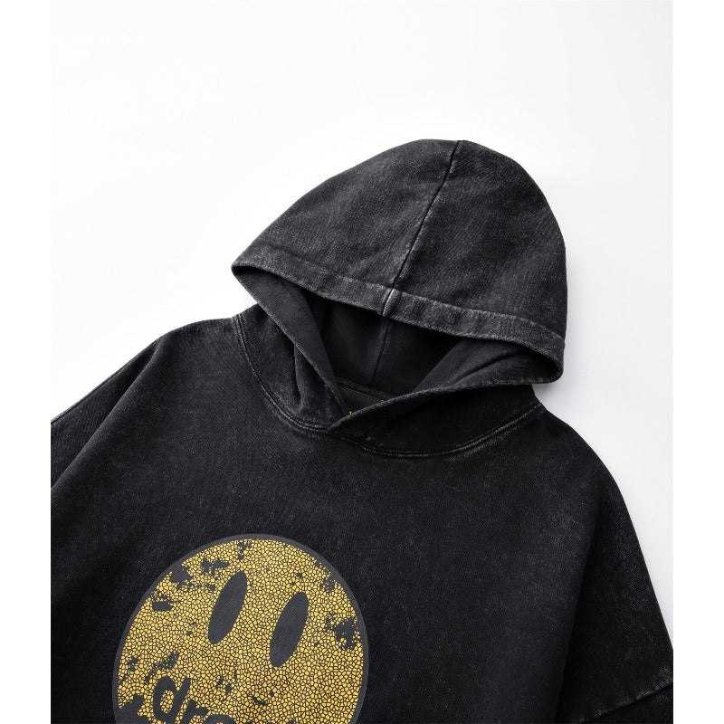 Drew house hoodie fall and winter d@ew smiley face pattern washed distressed round neck pullover sweatshirt