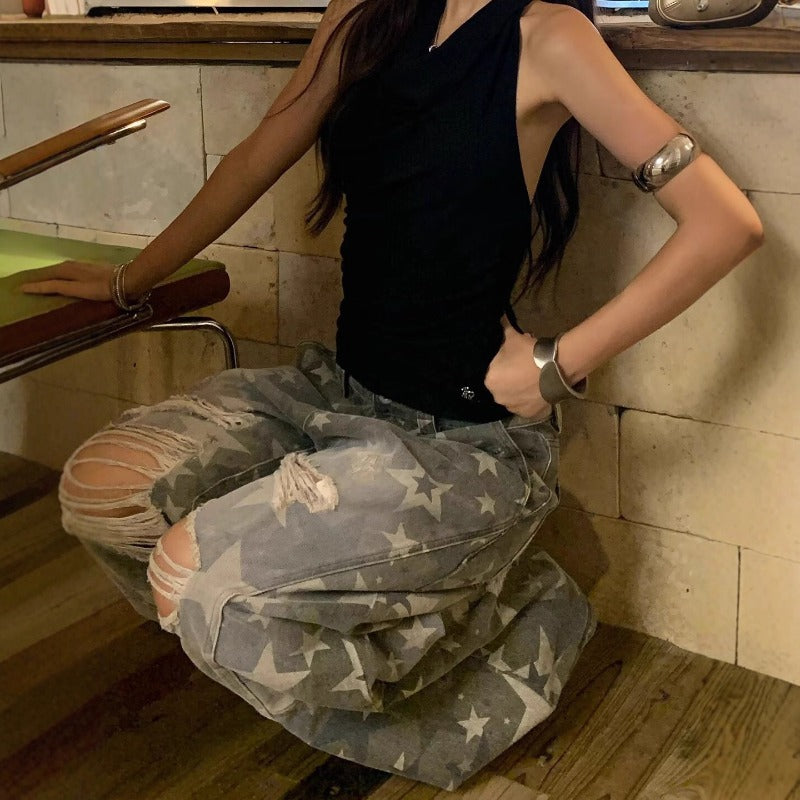 Women jeans retro ripped women loose