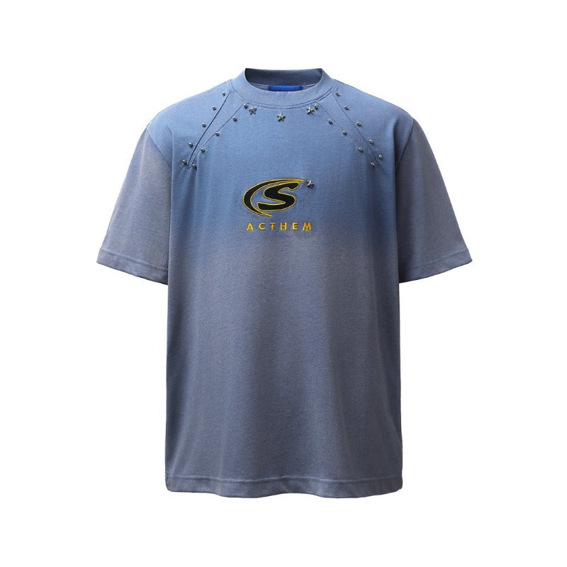 Men's t-shirt - american retro heavyweight double yarn high-quality metal rivet design crew neck loose fit short sleeve tee
