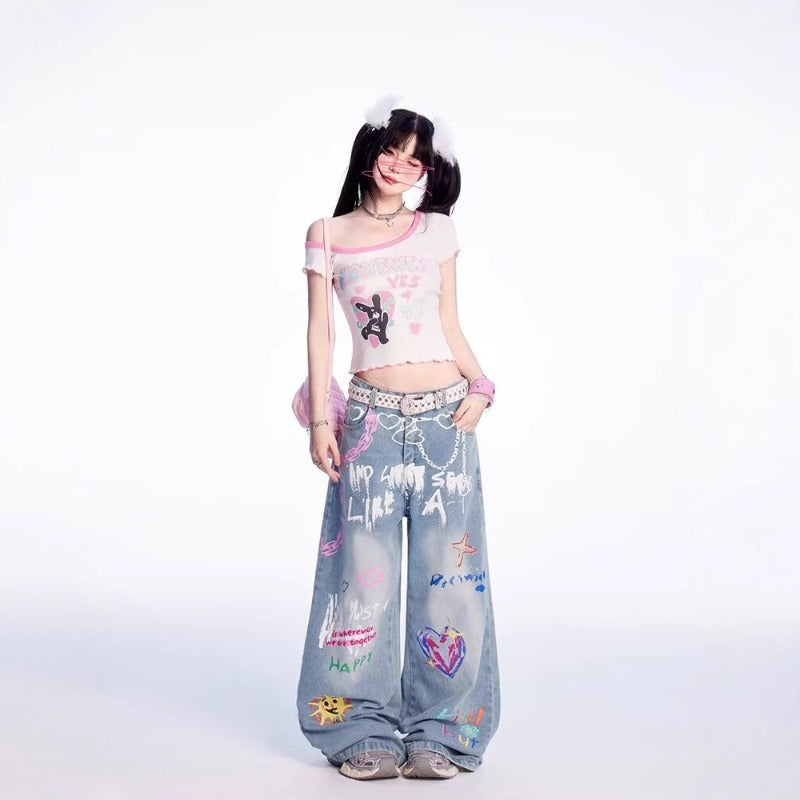 Women's jeans graffiti waist chain wide leg pants women