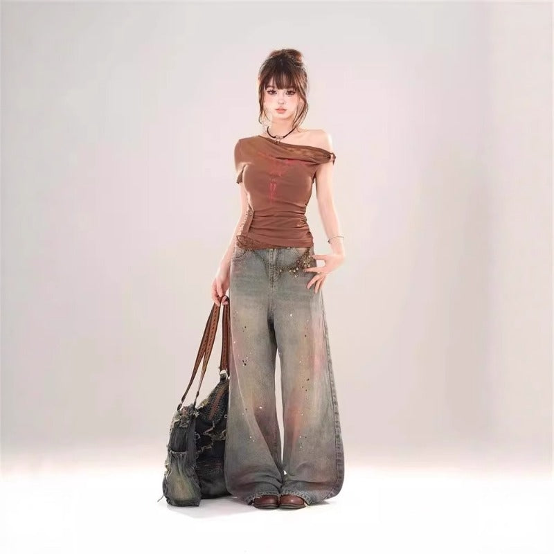 Women jeans gradual change tie-dye splash ink