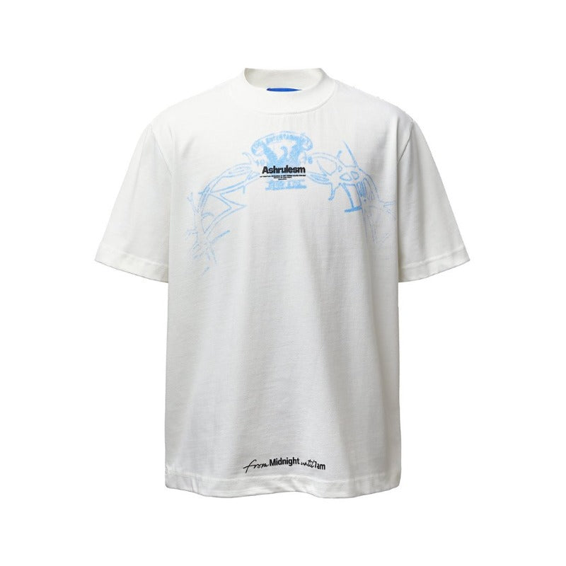 Men's t-shirt - american retro heavyweight double yarn distressed creative print design - men's high street loose fit short sleeve tee