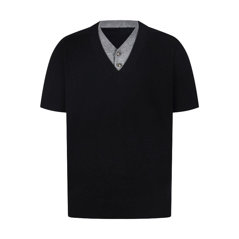 Men t shirt w american retroneutral style old money style knitting shirt fake two-piece design men's high street loose short-sleeved t-shirt
