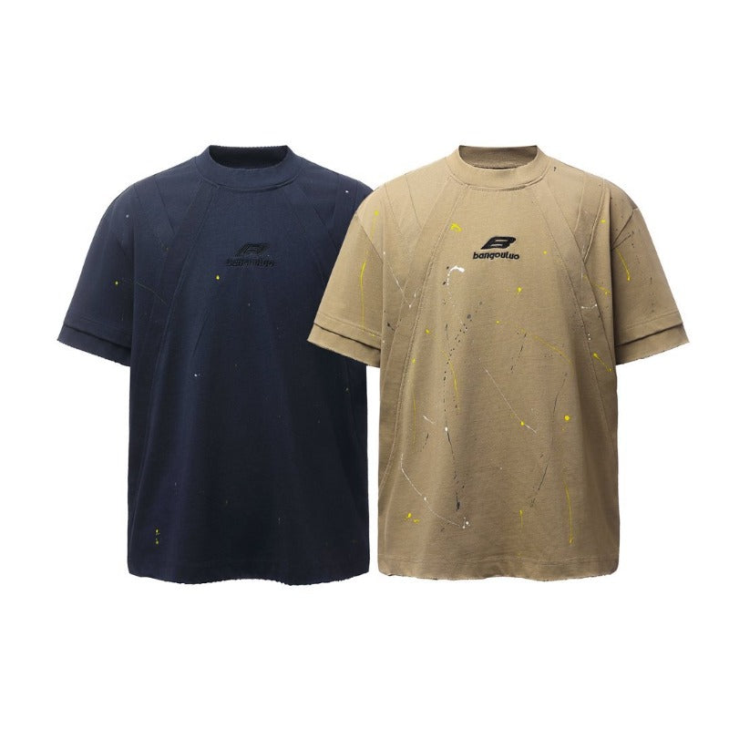 Men's t-shirt: american retro heavyweight double yarn hand-painted deconstructed design, high street oversized short sleeve tee
