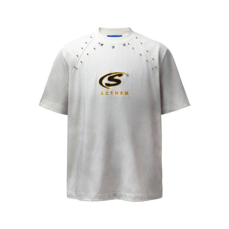 Men's t-shirt - american retro heavyweight double yarn high-quality metal rivet design crew neck loose fit short sleeve tee
