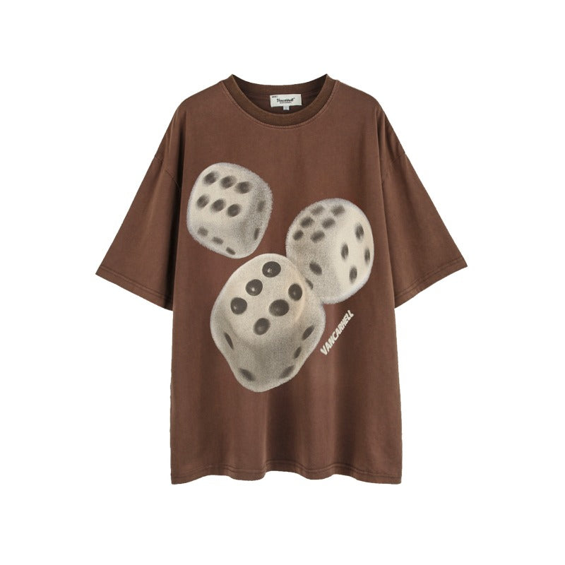 Men t shirt - summer american street trendy brand dice theme washed distressedoversize short-sleeved t-shirt