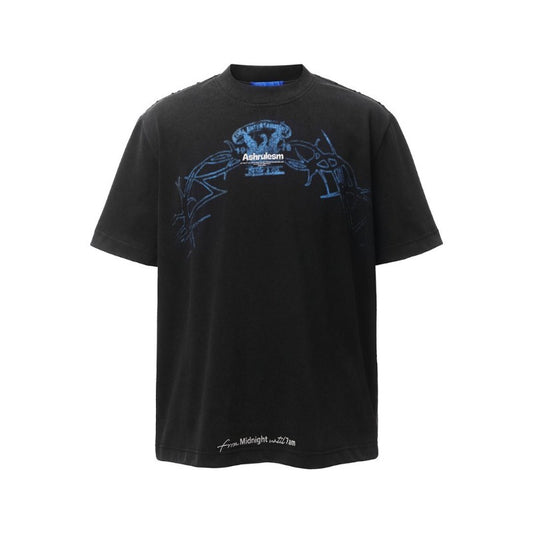 Men's t-shirt - american retro heavyweight double yarn distressed creative print design - men's high street loose fit short sleeve tee