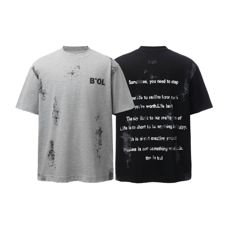 Men's t-shirt - american retro heavyweight double yarn printed letter splatter design - men's high street oversized short sleeve tee