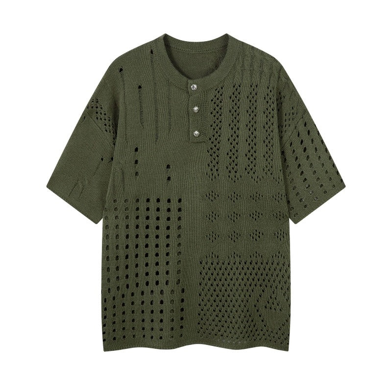 Men's t-shirt: american retro, high-end streetwear, relaxed fit, cutout design, knitted, loose fit, crew neck, short sleeve tee