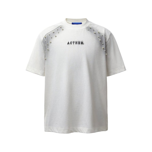 Men's t-shirt: american retro heavyweight double yarn high-quality high-street spray paint beaded design loose fit short sleeve tee