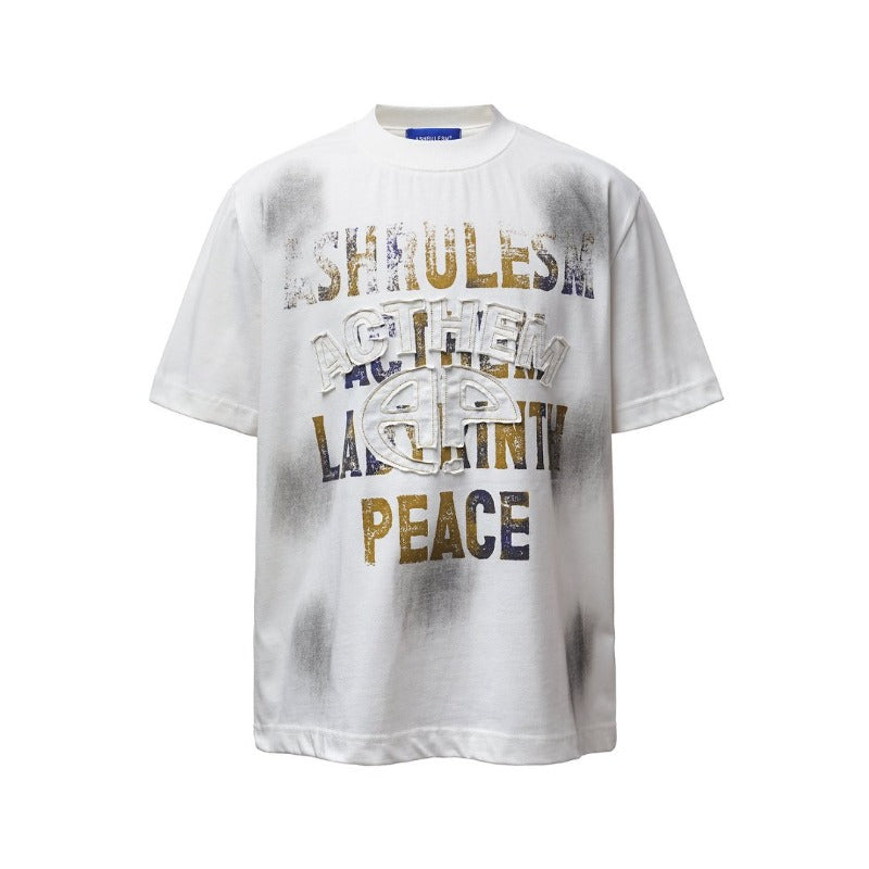 Men's t-shirt - american retro heavyweight double yarn patch letter print design - men's high street oversized short sleeve tee