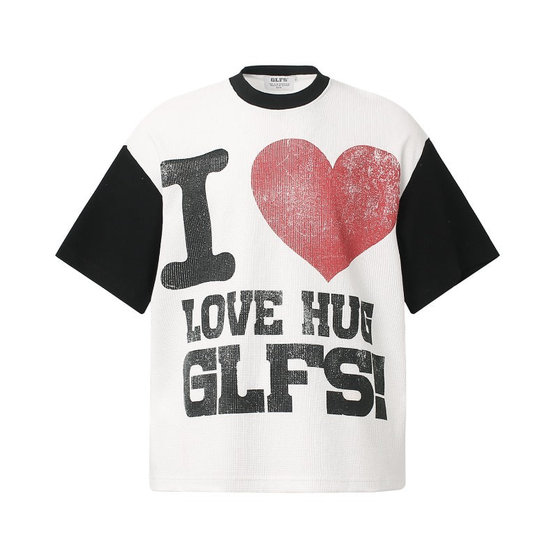 Men t shirt t american retrocouple street trendy waffle grid heart printing design high street men's loose small round neck t-shirt