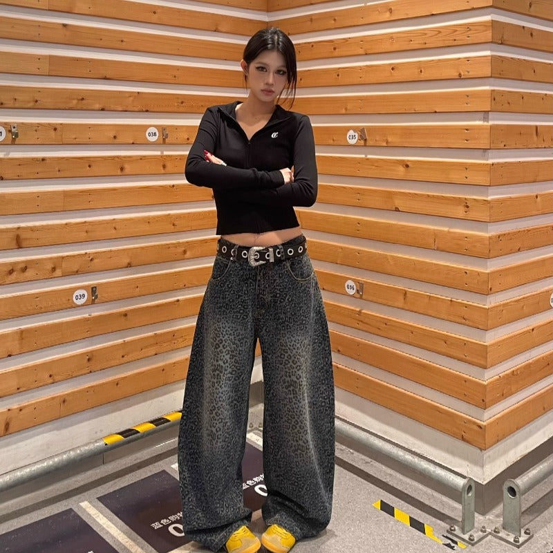 Women jeans gradual change leopard print women summer high waist