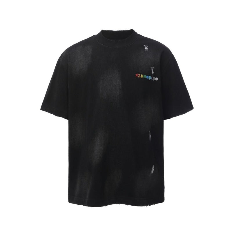 Men's t-shirt: american retro heavyweight double yarn garment-dyed crew neck logo design, high street style, relaxed fit short sleeve tee