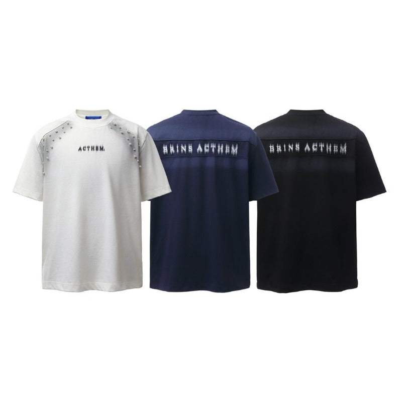 Men's t-shirt: american retro heavyweight double yarn high-quality high-street spray paint beaded design loose fit short sleeve tee