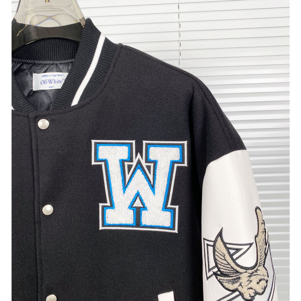 Off White Jacket Autumn/Winter OW Heavy Industry Embroidered Leather Down Cotton Baseball Jacket Jacket