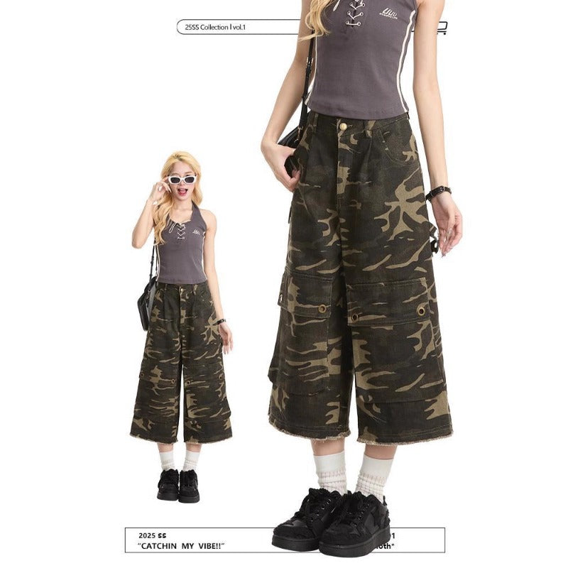 Women jeans retro camouflage loose cropped pants